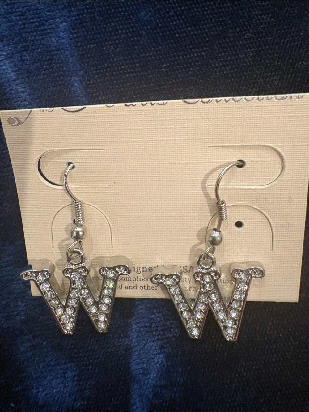Crystal Initial "W" Dangle Earrings - Silver Tone